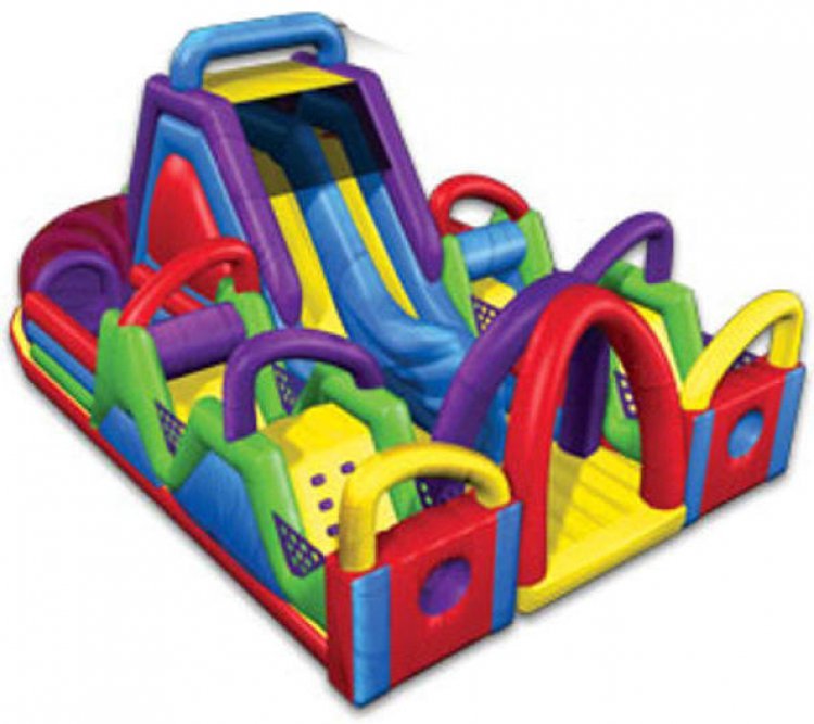 inflatable obstacle course in retro colors with entrance and exit in the front