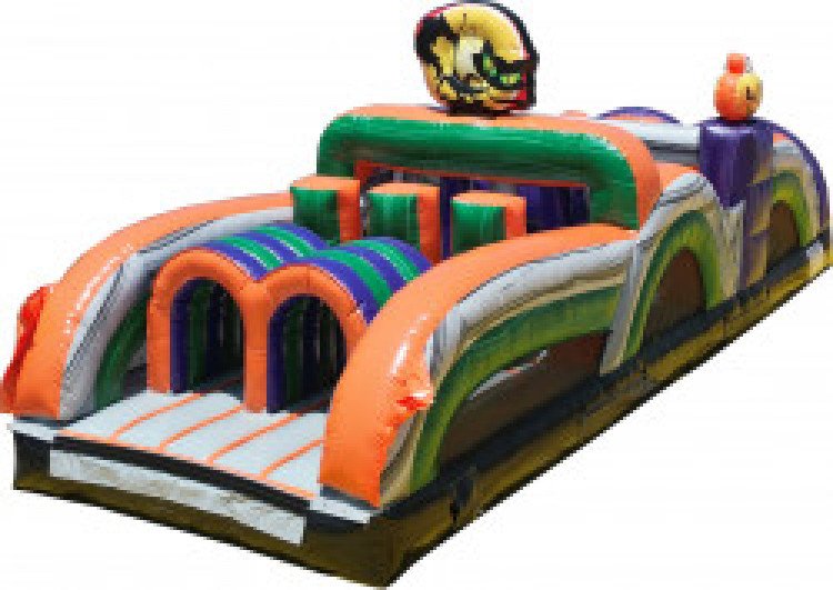 Inflatable two lane obstacle course Halloween themed with black cat and jack-o-lantern attached decor pieces in Norton, OH. - Game Craze Party & Event Rentals