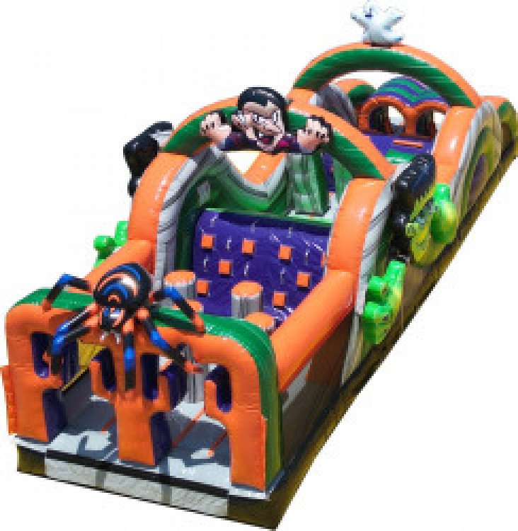 Halloween inflatable obstacle course with pillars, rock wall, slide, and tunnels in Norton, OH. - Game Craze Party & Event Rentals