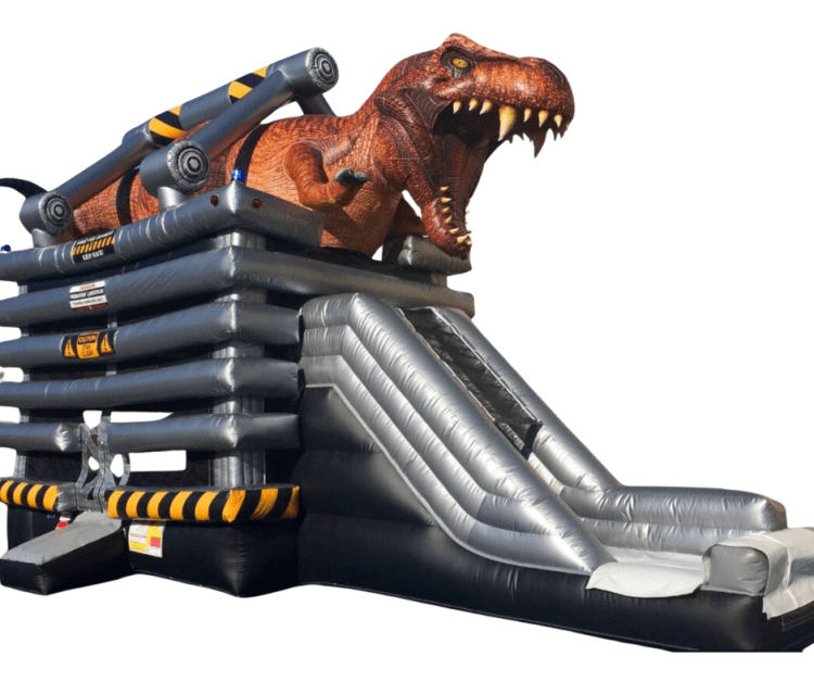 Dinosaur captured in inflatable cage bounce house n Norton, OH. - Game Craze Party & Event Rentals